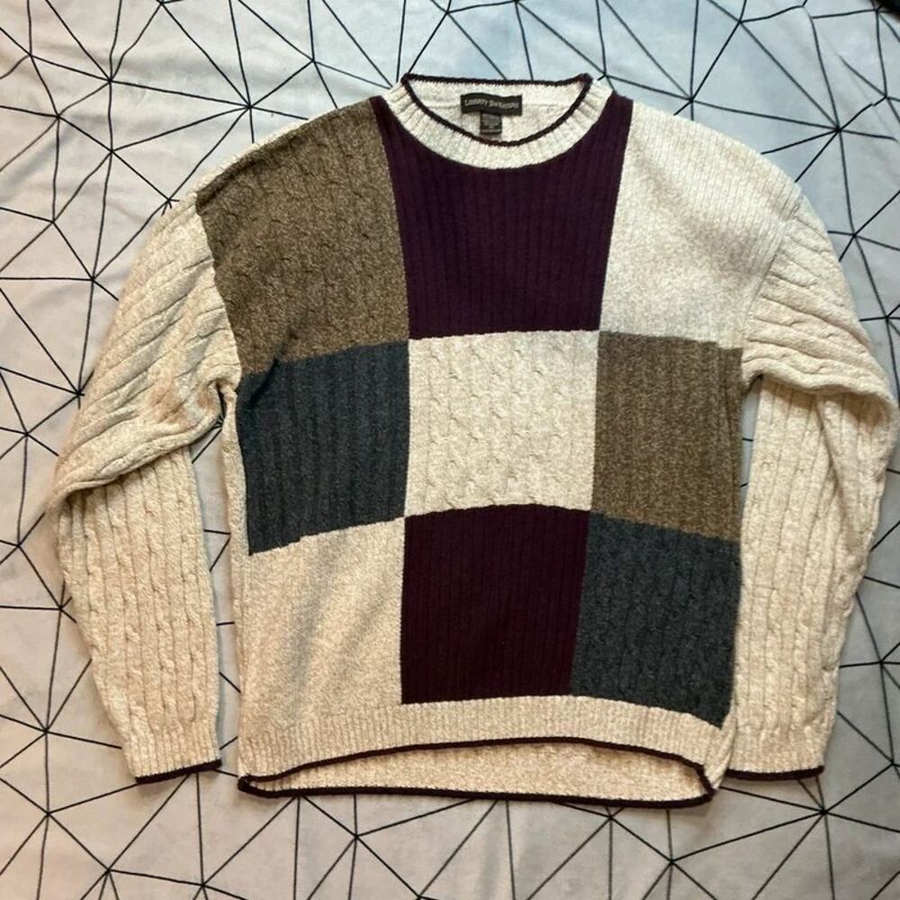 Vintage 90s Colorblock Cable Knit Grandpa Sweater XL